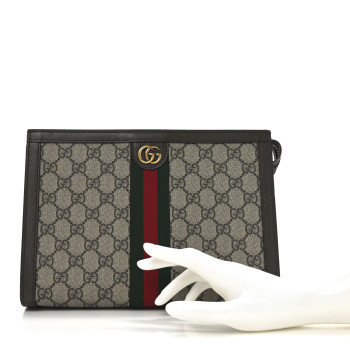 GUCCI GG Supreme Monogram Textured Dollar Calfskin Web Small Ophidia Wristlet Pouch Beige Ebony New Acero