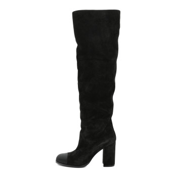 CHANEL Suede Calfskin Grosgrain High Boots 39 Black