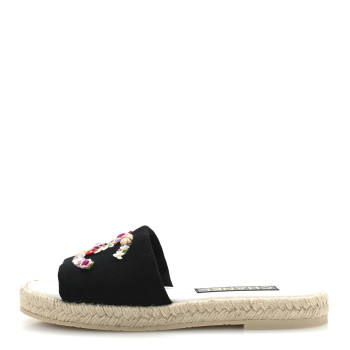 CHANEL Canvas Embroidered CC Floral Espadrille Slip On Sandals 37 Black Multicolor