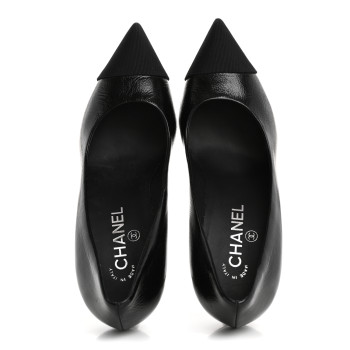 CHANEL Shiny Calfskin Grosgrain Cap Toe CC Pearl Pumps 38.5 Black