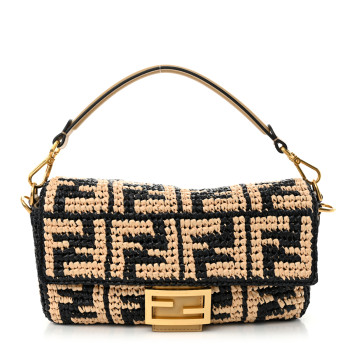 FENDI Raffia Vitello Grace FF Crochet Baguette Natural Black Paglia