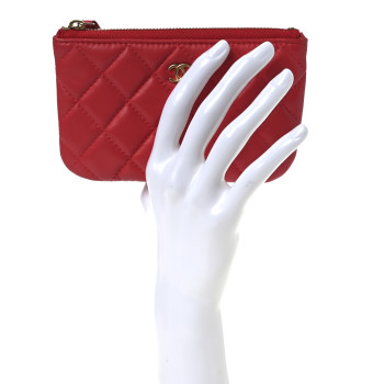 CHANEL Lambskin Quilted Small Cosmetic Case Red
