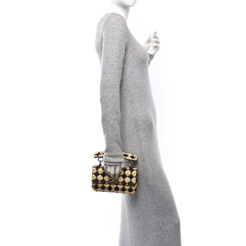 VALENTINO GARAVANI Raffia Embroidered Checkered Small Rockstud Spike Shoulder Bag Natural Black