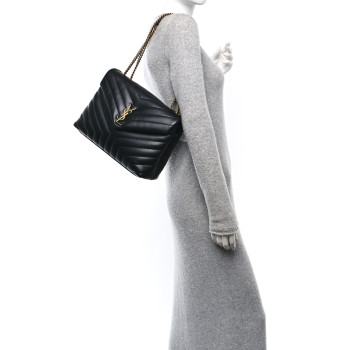SAINT LAURENT Calfskin Y Quilted Monogram Medium Loulou Chain Satchel Black