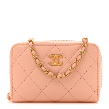 CHANEL Lambskin Quilted CC Pearl Crush Zip Card Holder On Chain Pink