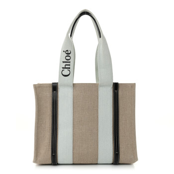 CHLOE Cotton Calfskin Medium Woody Ribbon Tote White Blue