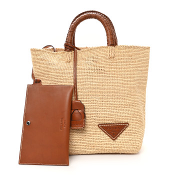 PRADA Paglia Vitello Woven Top Handle Tote Naturale Cognac