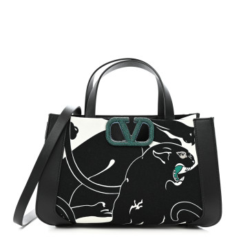 VALENTINO GARAVANI Canvas Panther Calfskin Crystal Small Vlogo Signature Tote Black White