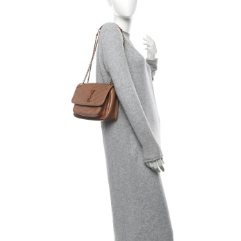 SAINT LAURENT Crinkled Calfskin Matelasse Monogram Baby Niki Chain Satchel  Light Caramel