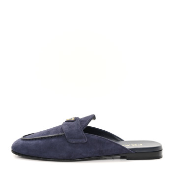 PRADA Suede Metal Triangle Logo 10mm Loafer Mules 37 Bleu