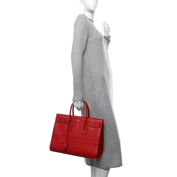 SAINT LAURENT Calfskin Crocodile Embossed Large Sac De Jour Carryall Lipstick Red