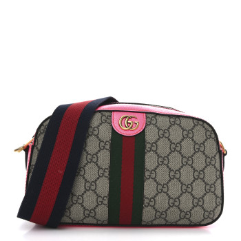 GUCCI GG Supreme Monogram Textured Dollar Calfskin Web Ophidia Small Crossbody Bag Beige Ebony Fuchsia
