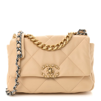 CHANEL Shiny Goatskin Quilted Medium Chanel 19 Flap Beige