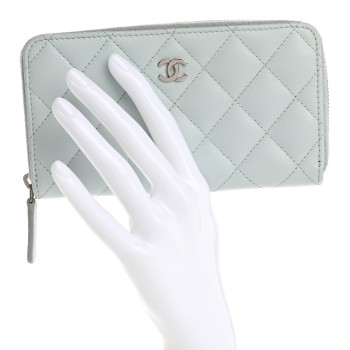 CHANEL Caviar Quilted Medium Zip Around Wallet Light Blue