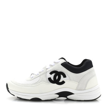 CHANEL Mesh Suede Calfskin Grained Calfskin Womens CC Sneakers 37.5 White Black