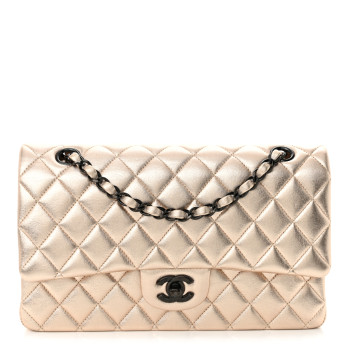 CHANEL Metallic Lambskin Quilted Medium Double Flap Gold Black