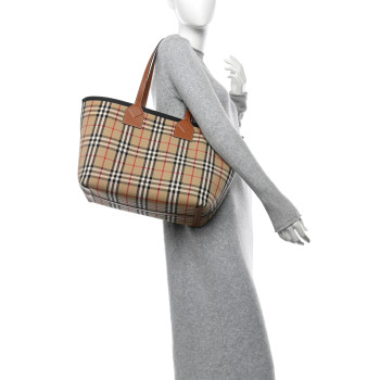 BURBERRY Cotton Vintage Check Medium London Tote Bag Briar Brown Black
