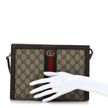 GUCCI GG Supreme Monogram Textured Dollar Calfskin Web Small Ophidia Wristlet Pouch Beige Ebony New Acero
