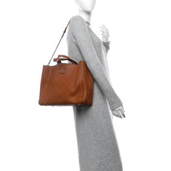 CHANEL Grained Vegetal Calfskin Covered CC Shopper Tote Brown