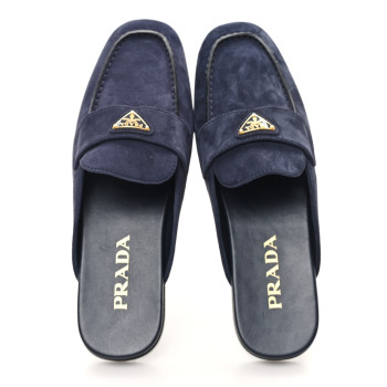 PRADA Suede Metal Triangle Logo 10mm Loafer Mules 37 Bleu