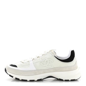 CHANEL Suede Calfskin Womens CC Sneakers 37 White Black