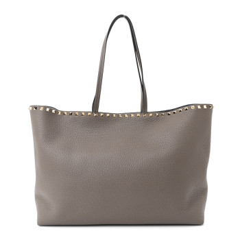 VALENTINO GARAVANI Grained Calfskin Small Rockstud Shoulder Tote Dove Gray