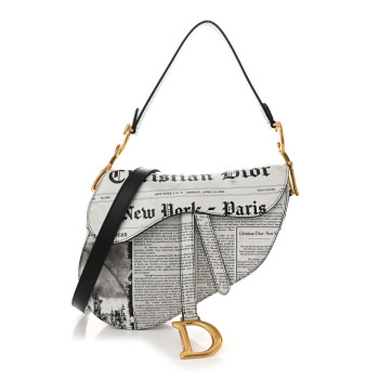 CHRISTIAN DIOR Calfskin Newspaper Printed Saddle Bag With Strap Black White