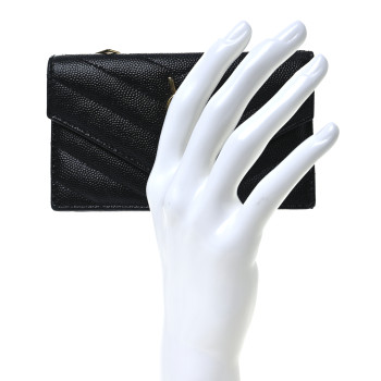 SAINT LAURENT Grain De Poudre Matelasse Chevron Monogram Compact Wallet Black