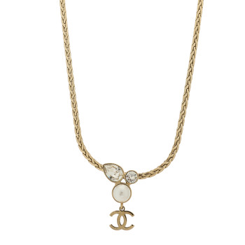 CHANEL Crystal Pearl CC Drop Necklace Gold