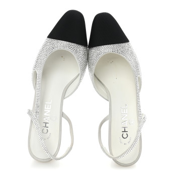 CHANEL Strass Grosgrain Cap Toe CC Slingback Pumps 37.5 Silver Black