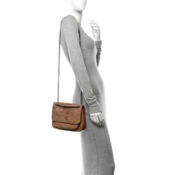 SAINT LAURENT Crinkled Calfskin Matelasse Monogram Baby Niki Chain Satchel Natural Tan