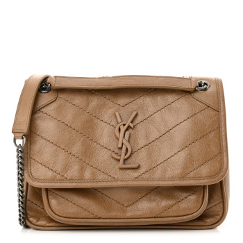 SAINT LAURENT Crinkled Calfskin Matelasse Monogram Baby Niki Chain Satchel Natural Tan