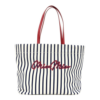 MIU MIU Canvas Denim Striped Logo Tote White Blue