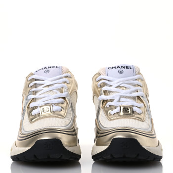 CHANEL Fabric Laminated Calfskin Stretch CC Womens Sneakers 37.5 White Gold Silver