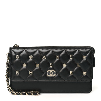 CHANEL Lambskin Quilted All About Chanel Charm Wristlet Wallet Black