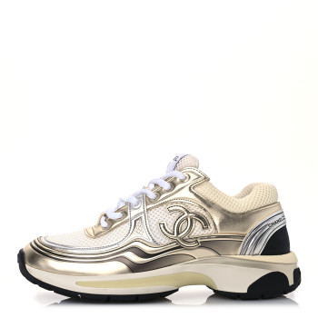 CHANEL Fabric Laminated Calfskin Stretch CC Womens Sneakers 37.5 White Gold Silver