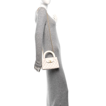CHANEL Shiny Aged Calfskin Quilted Nano Kelly Shopper White