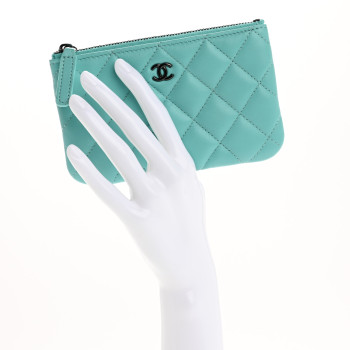 CHANEL Lambskin Quilted Small Cosmetic Case Turquoise