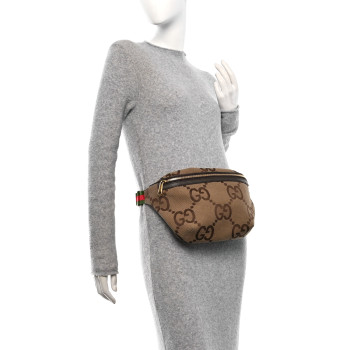 GUCCI Monogram Jumbo GG Textured Dollar Calfskin Web Belt Bag Camel Ebony New Acero