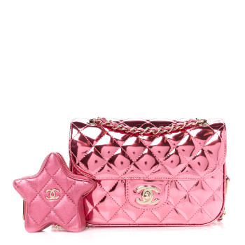 CHANEL Mirror Calfskin Metallic Lambskin Quilted Hollywood Boulevard Mini Flap With Star Coin Purse Pink