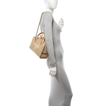 CHANEL Denim Deauville Bowling Bag Beige