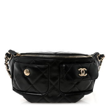 CHANEL Shiny Aged Calfskin Quilted CC Pockets Jacket Waist Belt Bag Black