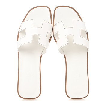 HERMES Box Calfskin Oran Sandals 37 White