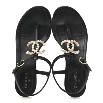 CHANEL Calfskin Pearl Crystal CC Charm Thong Sandals 36.5 Black