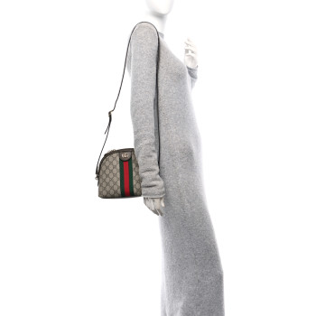 GUCCI GG Supreme Monogram Textured Dollar Calfskin Web Small Ophidia Dome Shoulder Bag Beige Ebony New Acero