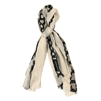 CHANEL Cashmere Silk CC Chain Scarf White Black Multicolor