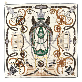 HERMES Silk Stately Wheels Scarf 90 White Vert Etoupe