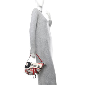 CHRISTIAN DIOR Canvas Hardcore Pierced Saddle Bag White Red Black