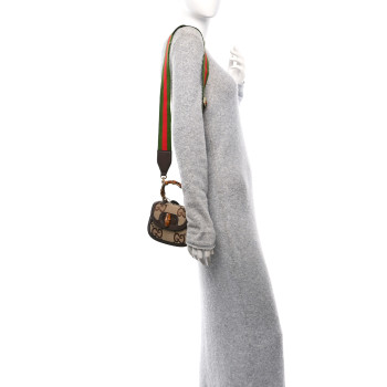 GUCCI Monogram Jumbo GG Textured Dollar Calfskin Web Mini Bamboo 1947 Top Handle Bag Camel Ebony New Acero