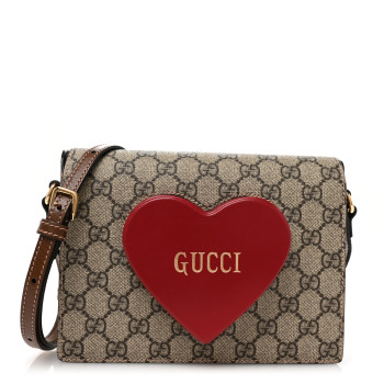 GUCCI GG Supreme Monogram Script Logo Heart Crossbody Bag Beige Brown